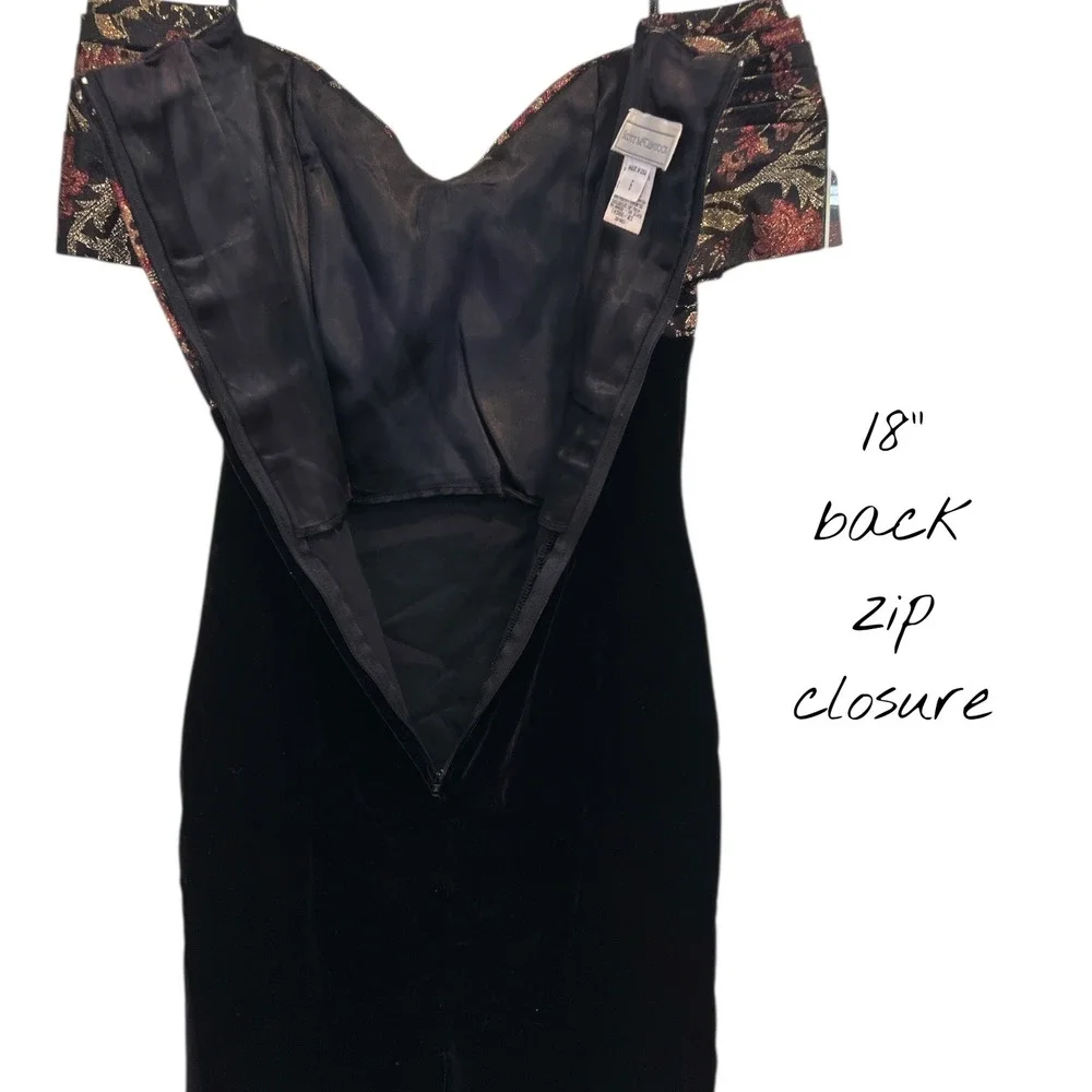 Scott McClintock Vintage 90's Black Velvet Cocktail Dress 6 Off Shoulder Jaquard